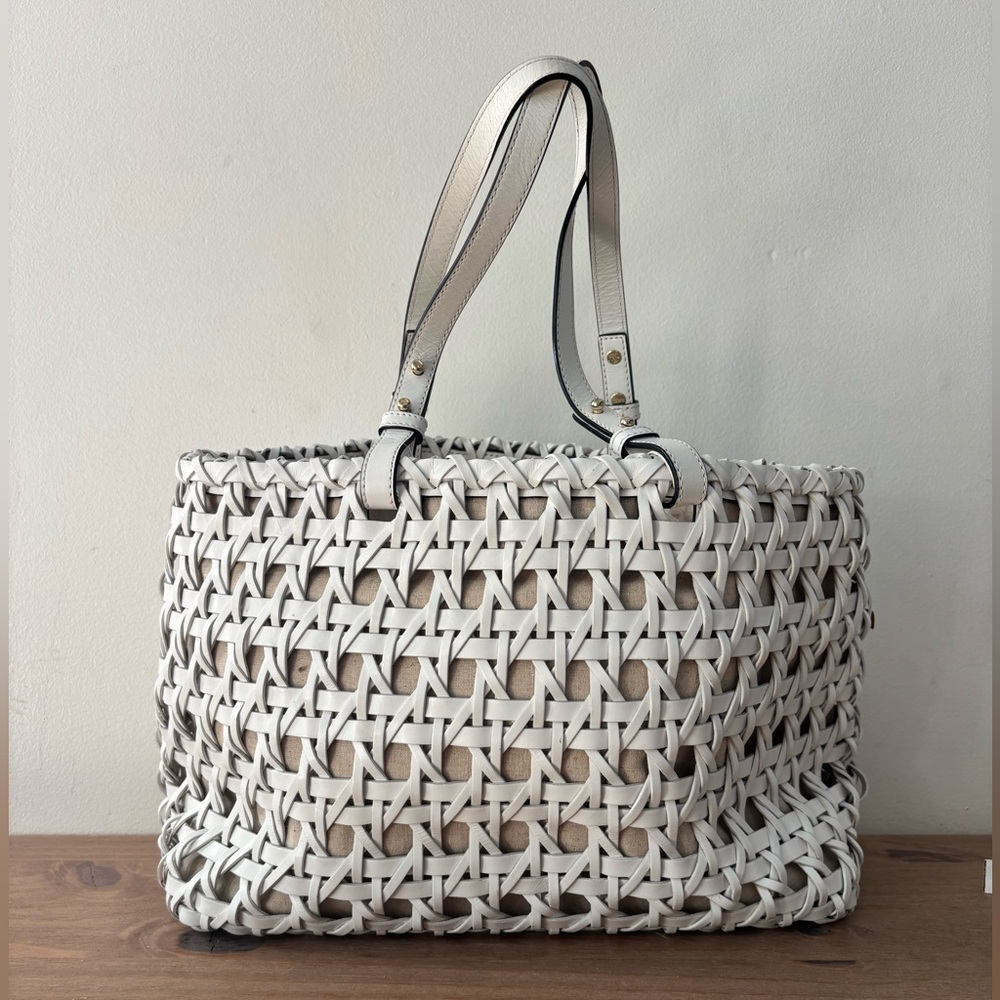 kate spade White Woven Leather Tote with Beige Interior